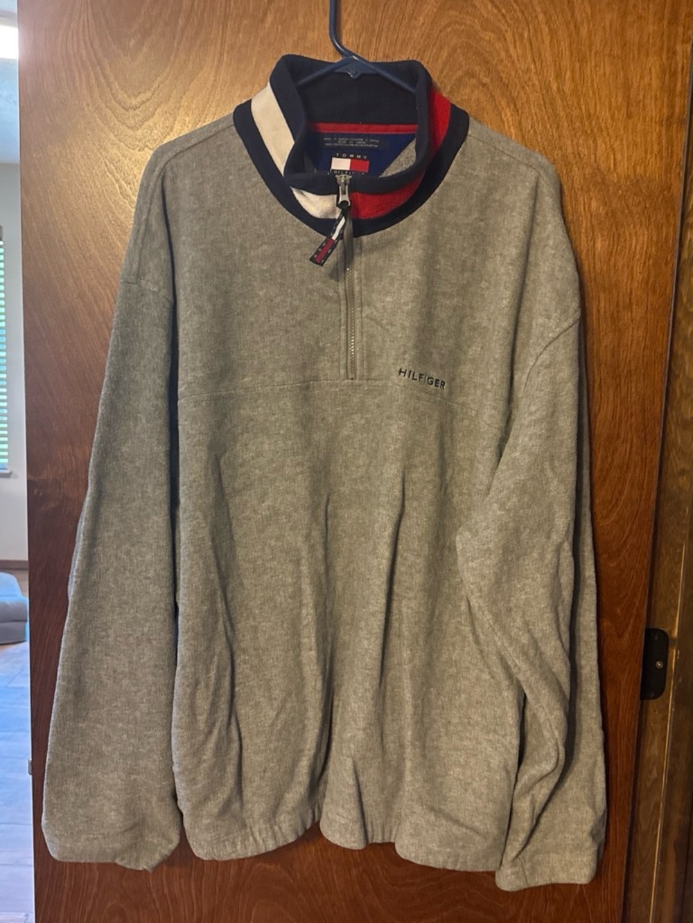 Vintage Tommy Hilfiger Gray Quarter-Zip Sweatshirt with Navy & Red Trim